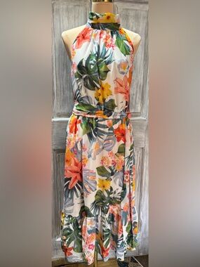 New Eliza J Tropical Floral Chiffon Halter Midi Dress (Size 12) MSRP: $148.00